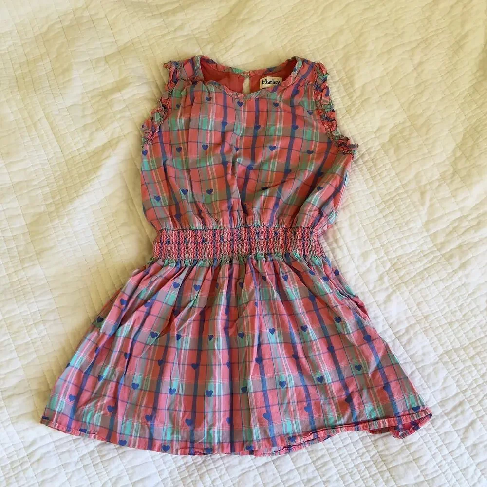 Hatley Pink & Blue Plaid Dress Heart Print Girls Size 5 Cotton